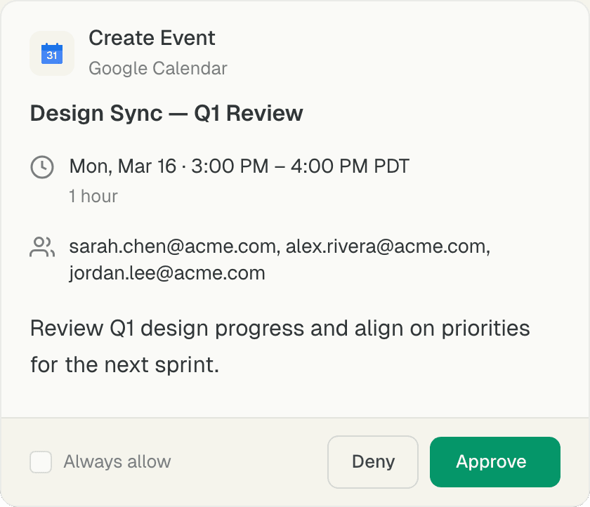 Calendar event approval card