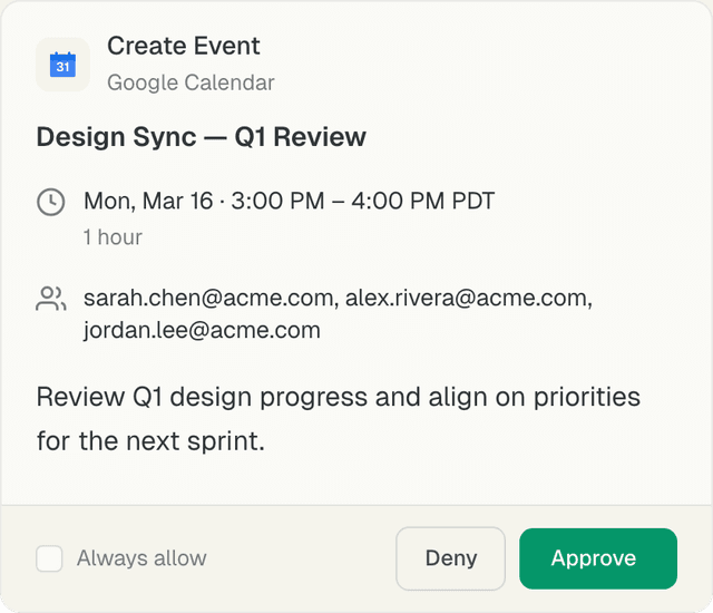 Ping approval card — Create calendar event