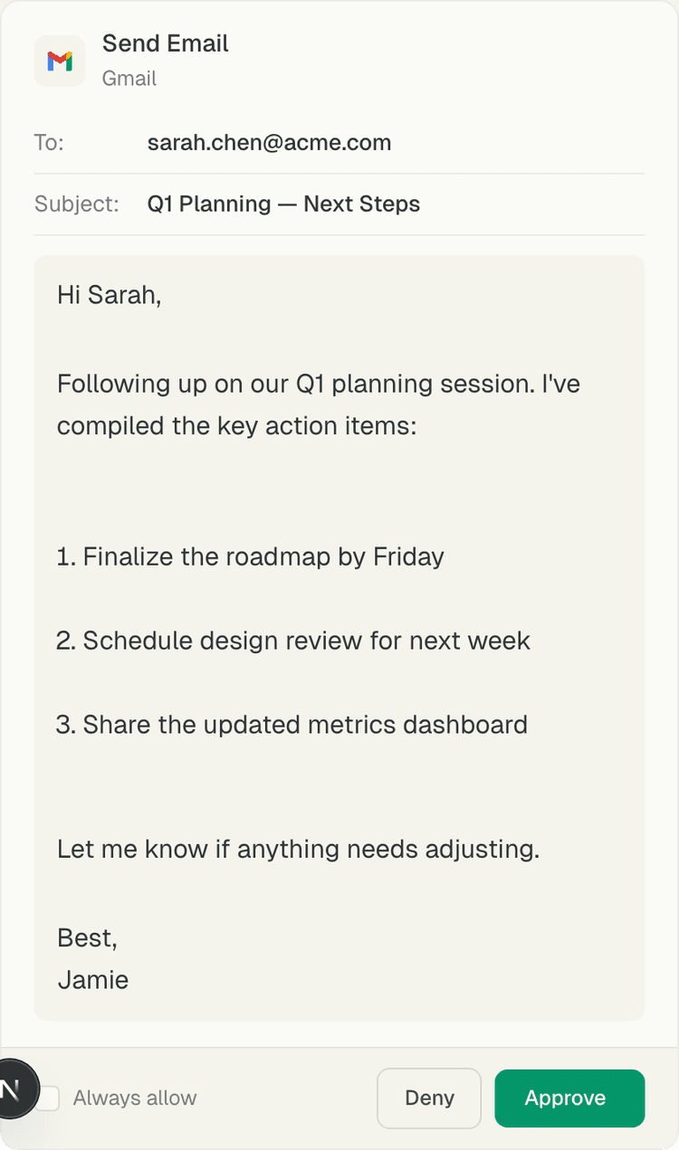 Ping approval card — send email via Gmail